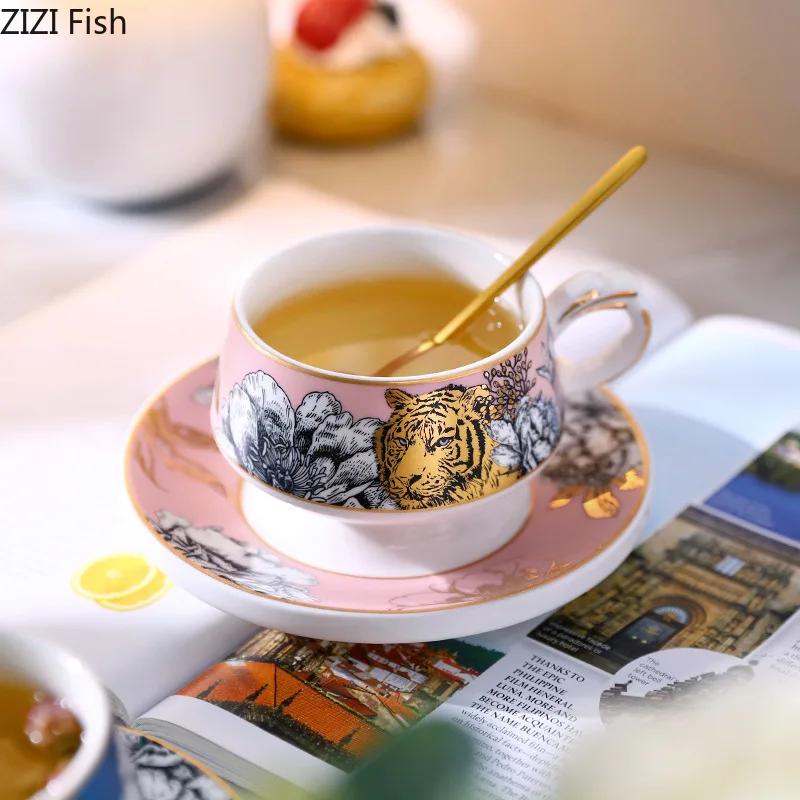 Fierce Tiger/snow Leopard Porcelain Cup&saucer Exquisite Coffee Mug Dining Table Milk Mugs Afternoon Tea Teacup Fruits Juice Cup