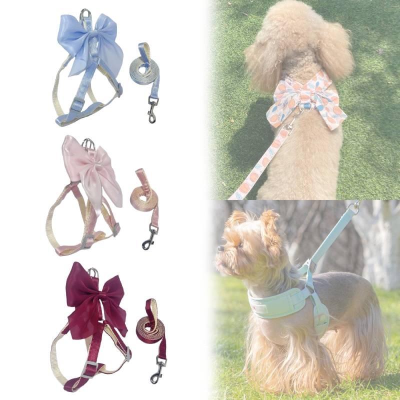 Pet Dog Leash Set With Bright Silk Large Bowknot Chest Harness For Small Dogs And Cats