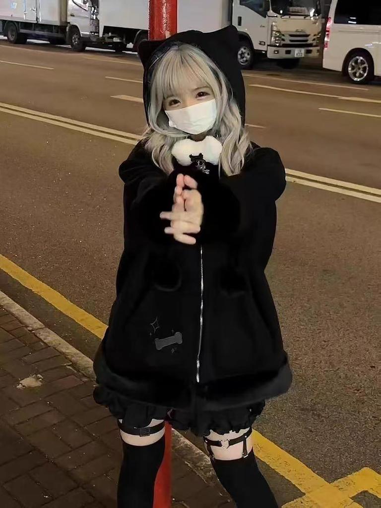 Hoodie with Cat Ears and Subculture Style Sickly Long Y2K with Check Cross [XHSUKADO] Zip-up Claws, Top, Women's Clothing, Cute, Sleeve, Spring,