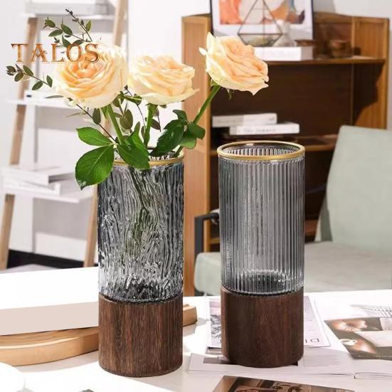 Klar Glass Sylinder Blomstervase med Trebunn Rustikk Bryllupsfest Spisebord Midtpunkt Hydroponisk Blomsterholder Gjennomsiktig Plantebeholder