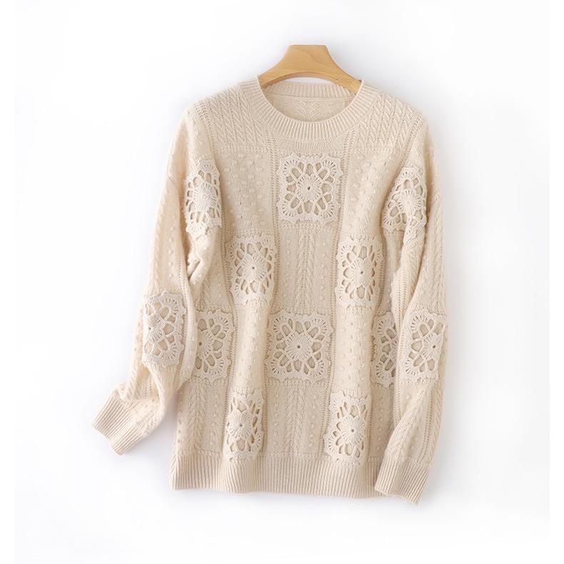 Handmade Women's Loose Knit Wool Sweater - Round Neck, Thick, Trendy, and Stylish Hollow Design.