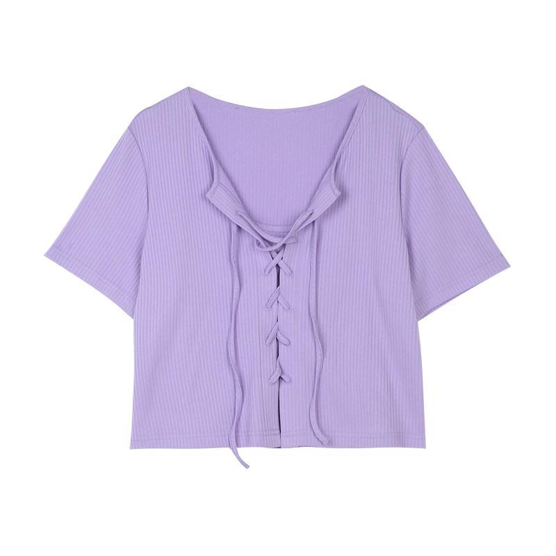 

Женская однотонная однотонная футболка на шнуровке с коротким рукавом из двух частей, тонкий топ большого размера 4XL фиолетовый