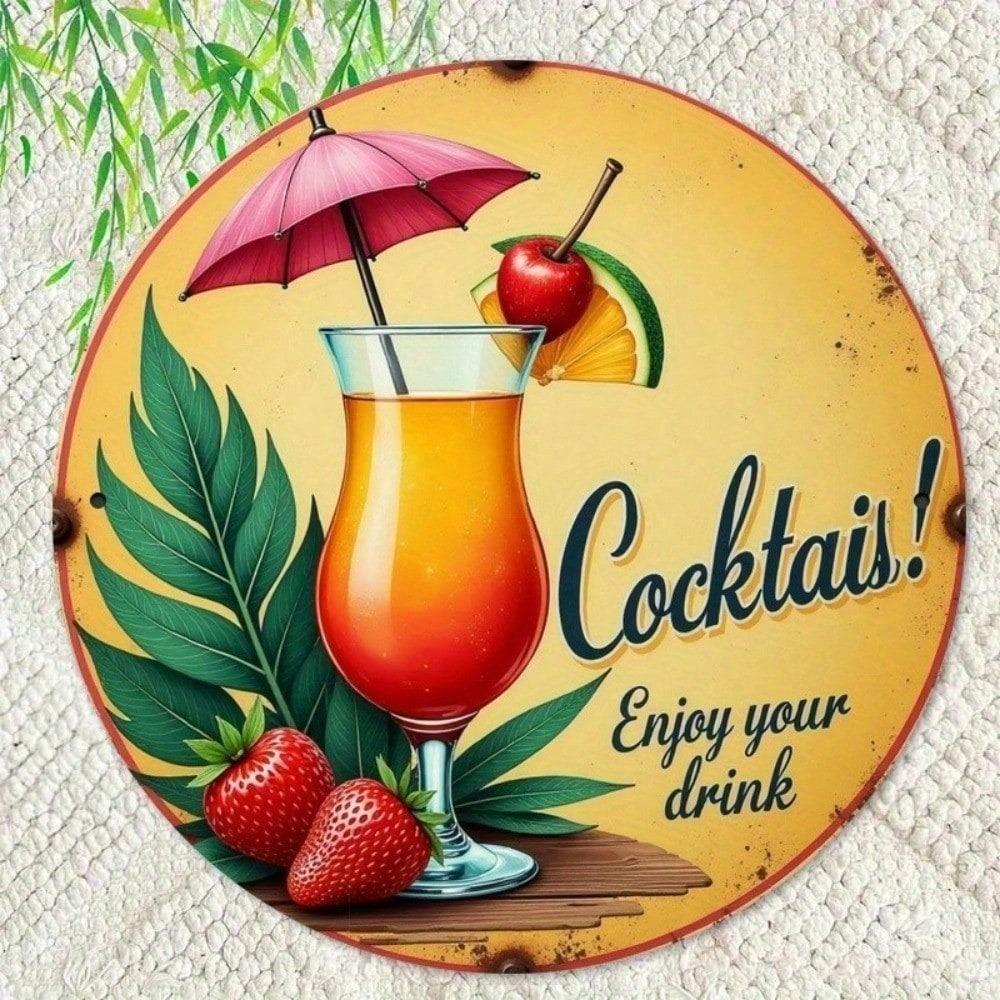 Vintage Tropical Metal Round Wall Sign 2D Retro Bar Cafe Home Kitchen Decor Tin Plate Cool Drink Summer Theme Art