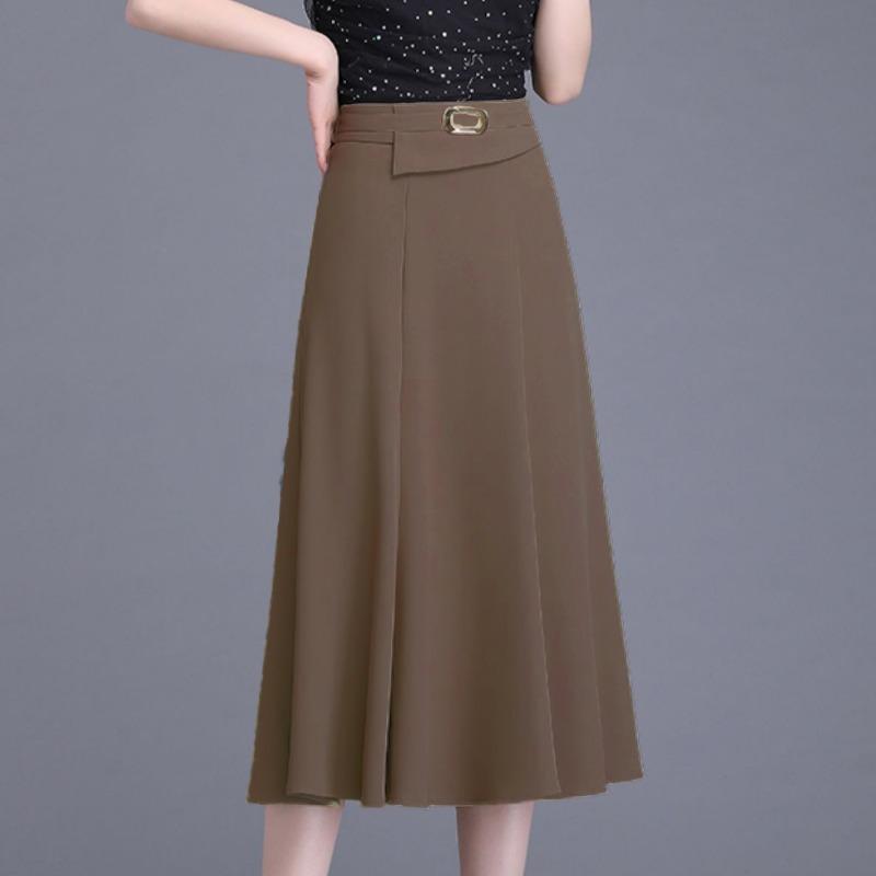 Women's Black High-Waisted A-Line Midi Skirt with Belt Solid Color Flared Office Casual Knee-Length Skirt