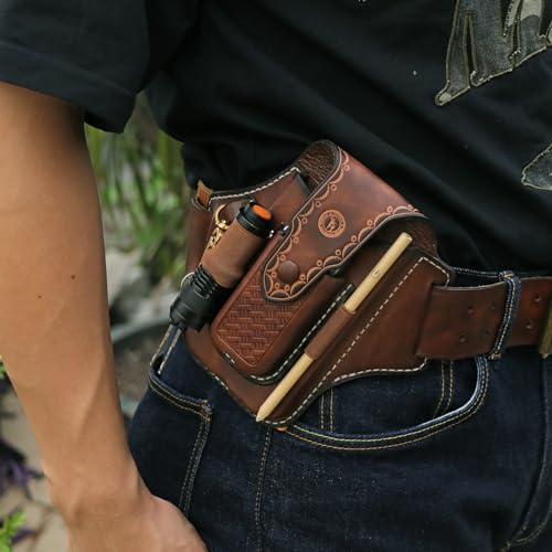 TOURBON Smartphone Pouch, Leather, Smartphone Holder, Belt Loop, Tool Pouch, Multi-functional, Holds Pliers, Pen, Flashlight, Keys