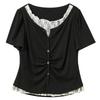 Sancai Plus Size Faux Two-Piece Lace Trim Round Neck Short Sleeve T-Shirt