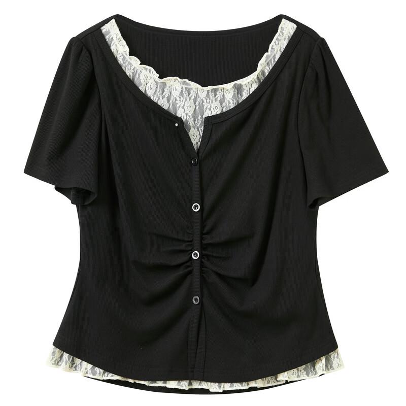 Sancai Plus Size Faux Two-Piece Lace Trim Round Neck Short Sleeve T-Shirt