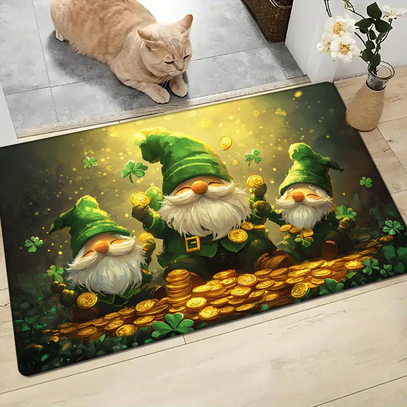 Valentine St. Patrick's Day Door Mat Carpet, Green Forest Dwarf Golden Clover Print Non-Slip Flannel  Kitchen Living Room Decor