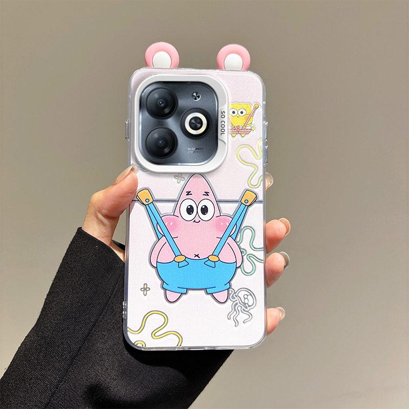 KEYSION Cute Ear Cartoon Case for Infinix Hot 40i with Lanyard Soft Silicone+PC Shockproof Phone Cover for Infinix Smart 8 HD