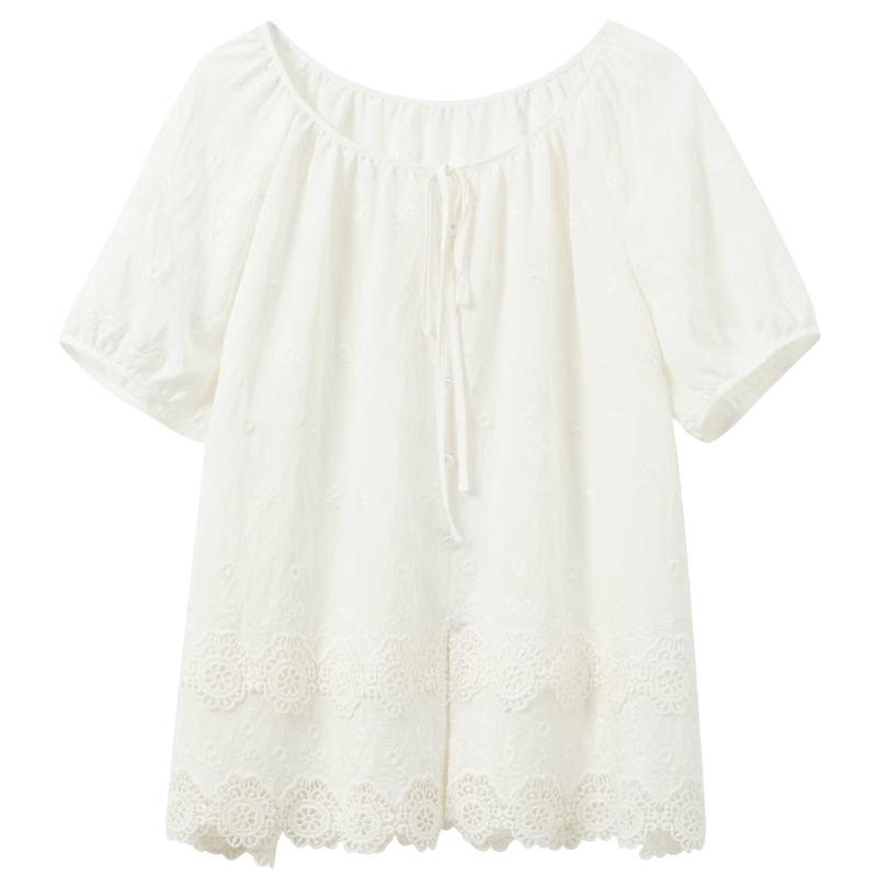 SanCai Embroidered Tie-Neck Short Sleeve Top L