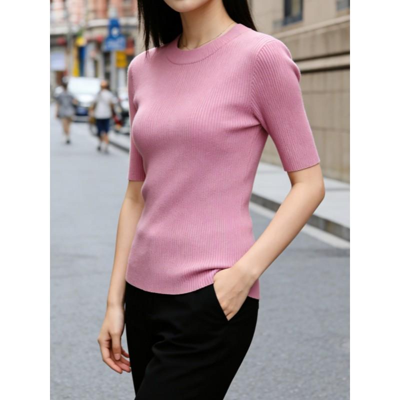 Womens Slim Fit Solid Color Mid Sleeve Knit Pullover Sweater Casual Daily Wear