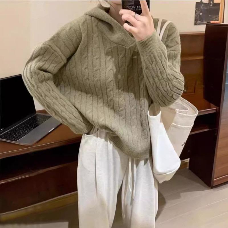 Hooded Twist Knitted Sweater Top Women's Clothing Autumn and Winter New Casual Versatile Loose Pullover Sweater Women