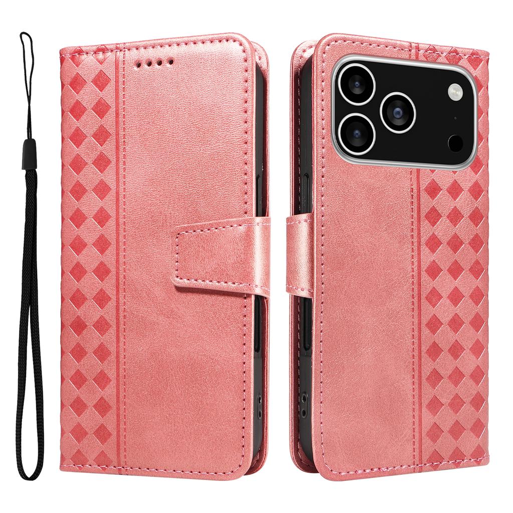 For iPhone 17 Pro Leather Case Wallet Stand Grids Imprinted Phone Cover with Strap