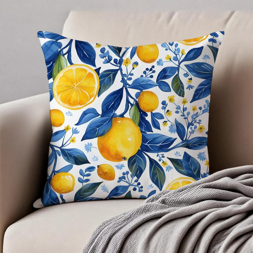 Blue  toned Watercolor Lemon Cushion Cover Pillowcase Antidustmite Invisible Zipper Short Plush Sofa Cushion