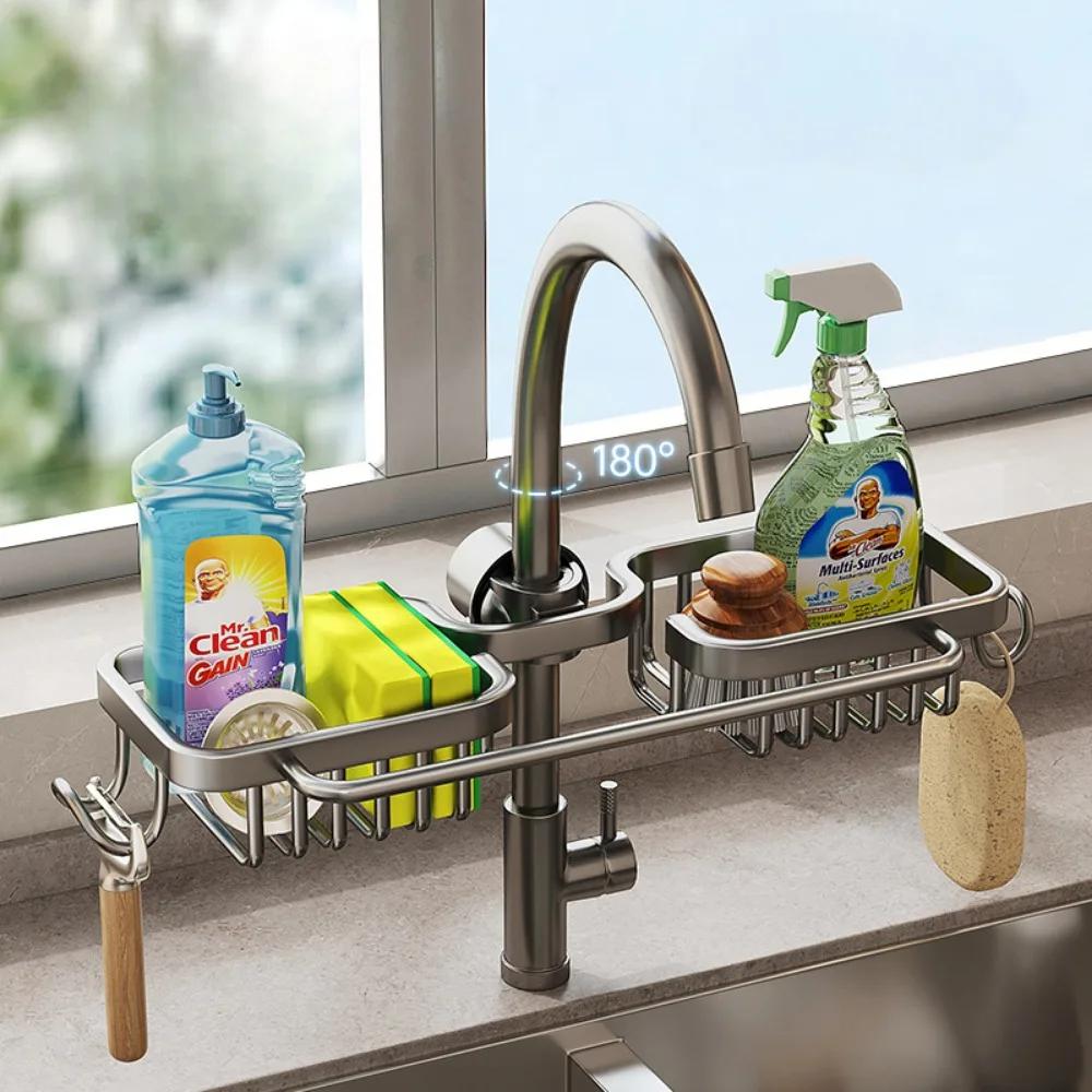 Kitchen Sink Drain Rack Organizer Aluminum Self-draining Sink Shelf Soap Sponge Holder Dishcloth Towel Removable Kitchen Storage