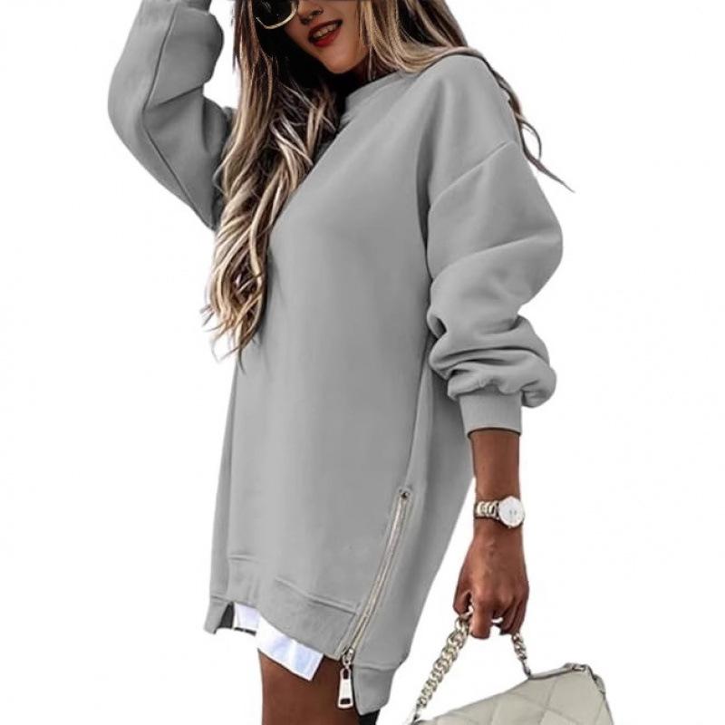 Autumn And Winter Fashion Splicing Side Zipper Design Hoodie Women's Round Neck Long Sleeved Mid Length Irregular Hoodie Skirt