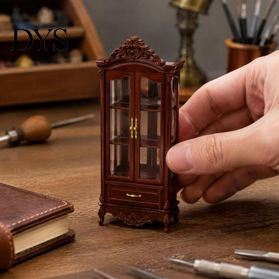 Doll Mansion Interior Accessories Miniature Curio Cabinet, 1/12 Scale Mini Wine Wooden Tiny Display Cabinet with Drawer, Vintage Furniture for Living