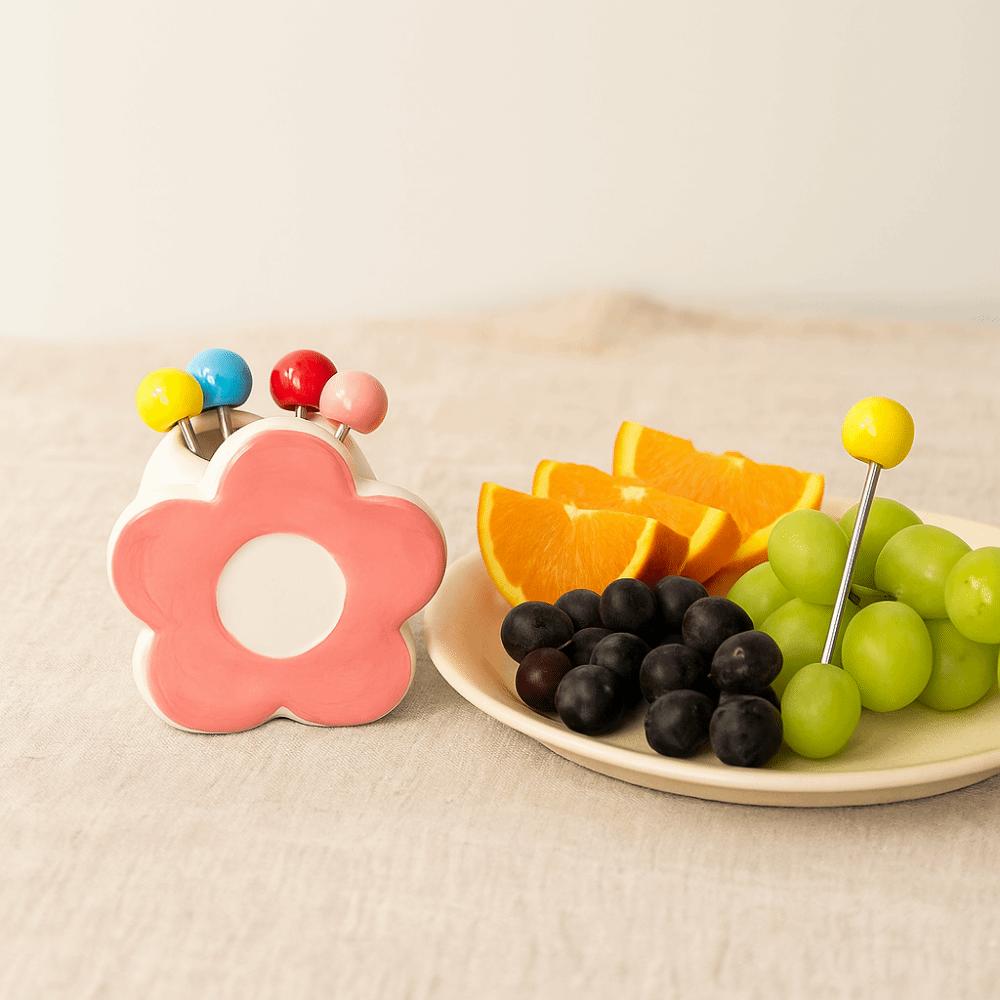 Flower Shaped Dessert Forks Portable Cute Toothpick with Holder  Kitchen Supplies