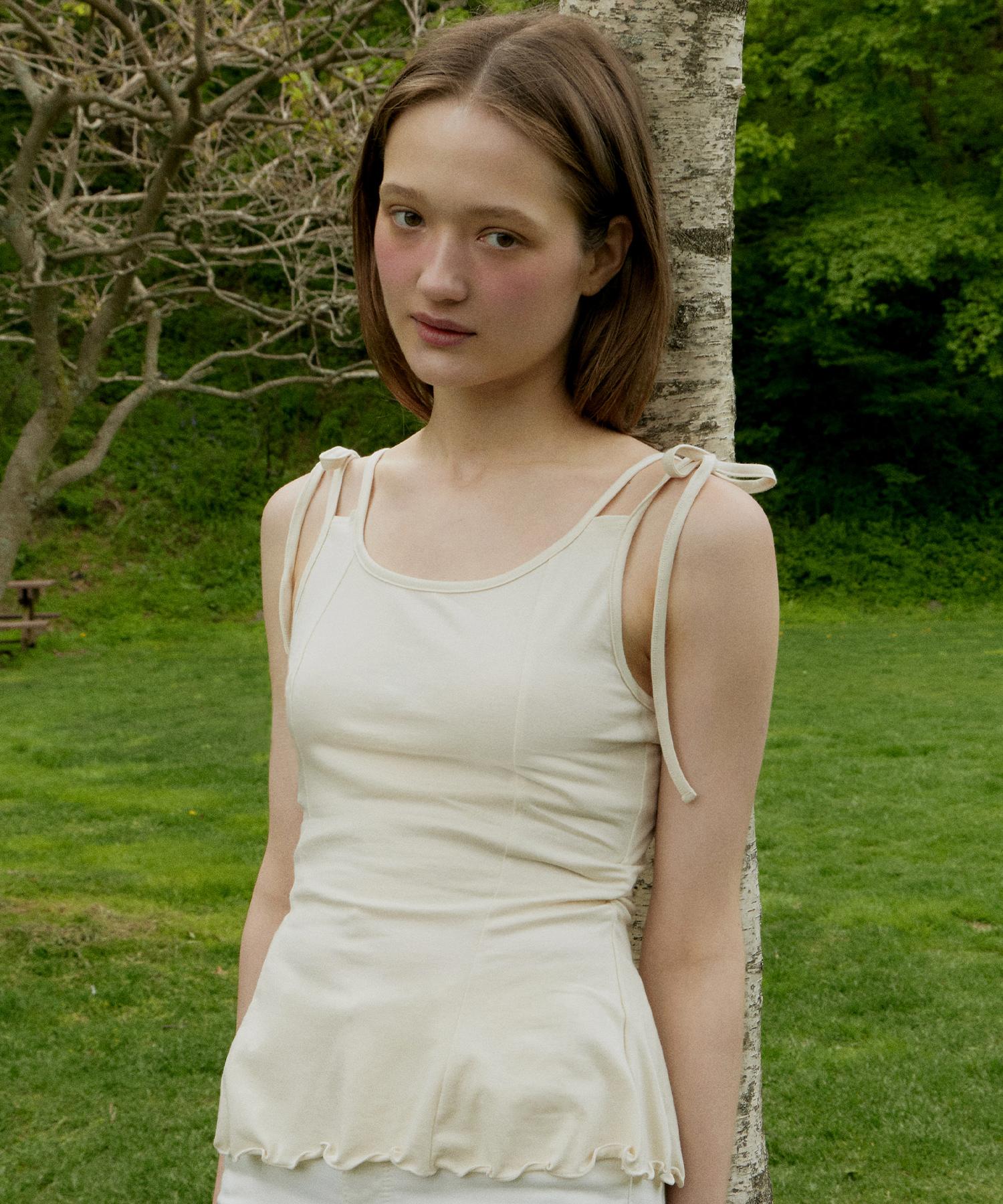 Itove Seoul Drawstring Shirred Flare Top Cream Cream/Cream