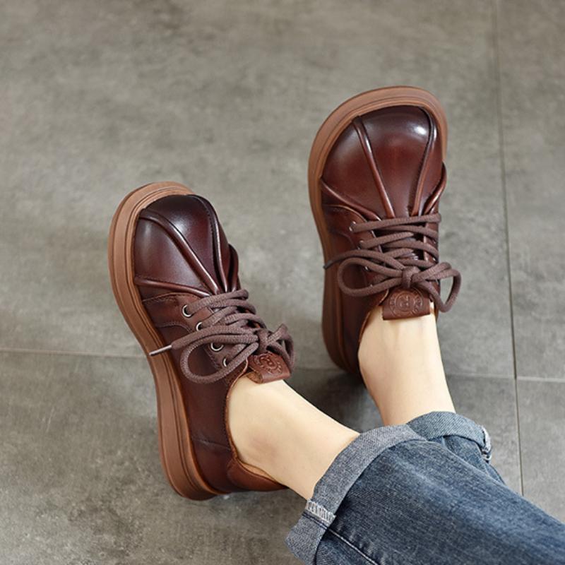 Johnature Flache Retro-Schuhe aus echtem Leder mit runder Spitze, einfarbig, vielseitige Schnür-Damenschuhe