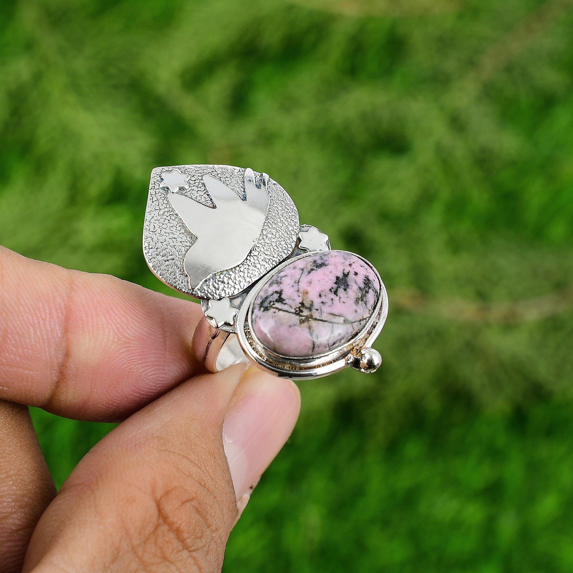 

День женщин Распродажа Родонит Драгоценный камень Стерлинговое серебро Птица Ручная работа Кольцо для сестры Adjustable