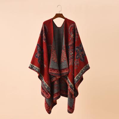 Autumn Winter  Street Geometric Lattice Flower Pattern Imitation Cashmere Warm Shawl Cloak Women Poncho Capes Red