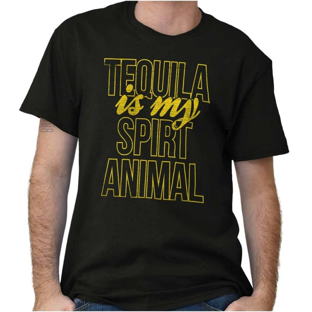 Funny Drunk Joke Tequila Is My Spirit Animal Womens or Mens Crewneck 100% Cotton T-shirt Mens Tees Top Tee