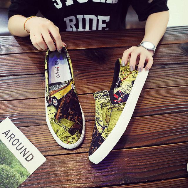 Fashion Shengxuanny Men's Graffiti Sneakers Breathable Casual Shoes Non-slip Canvas Shoes Rubber Sole Slip-On Shoes Zapatos De Hombre