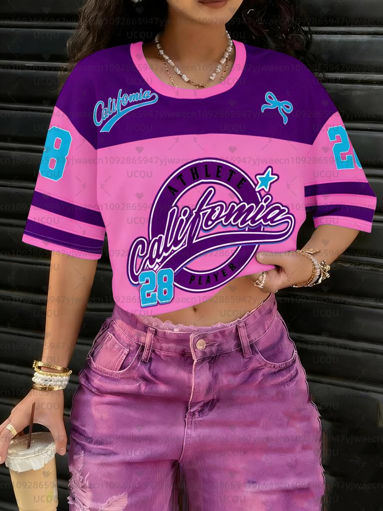 Women's sports jersey, printed short-sleeved T-shirt, summer graphic top, soccer jersey, sports T-shirt.