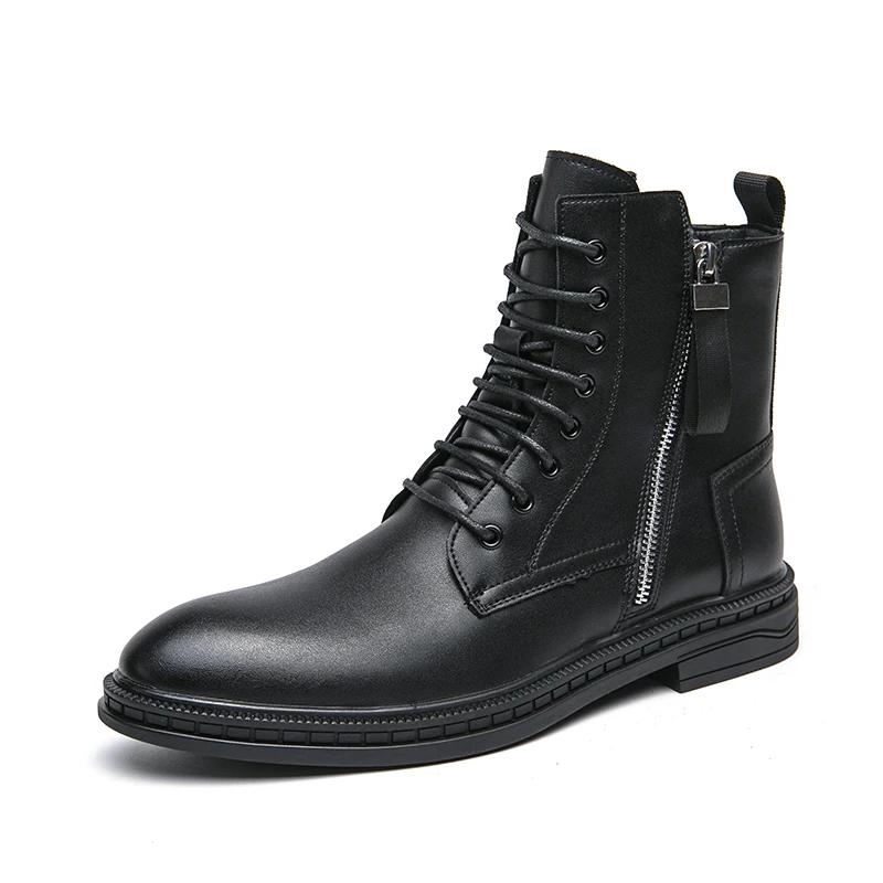 Punk Style Brown Leather Motorcycle Boots High Top Mens Casual Shoes Side Zipper Denim Boots Classics Male Ankle Boots Footwear