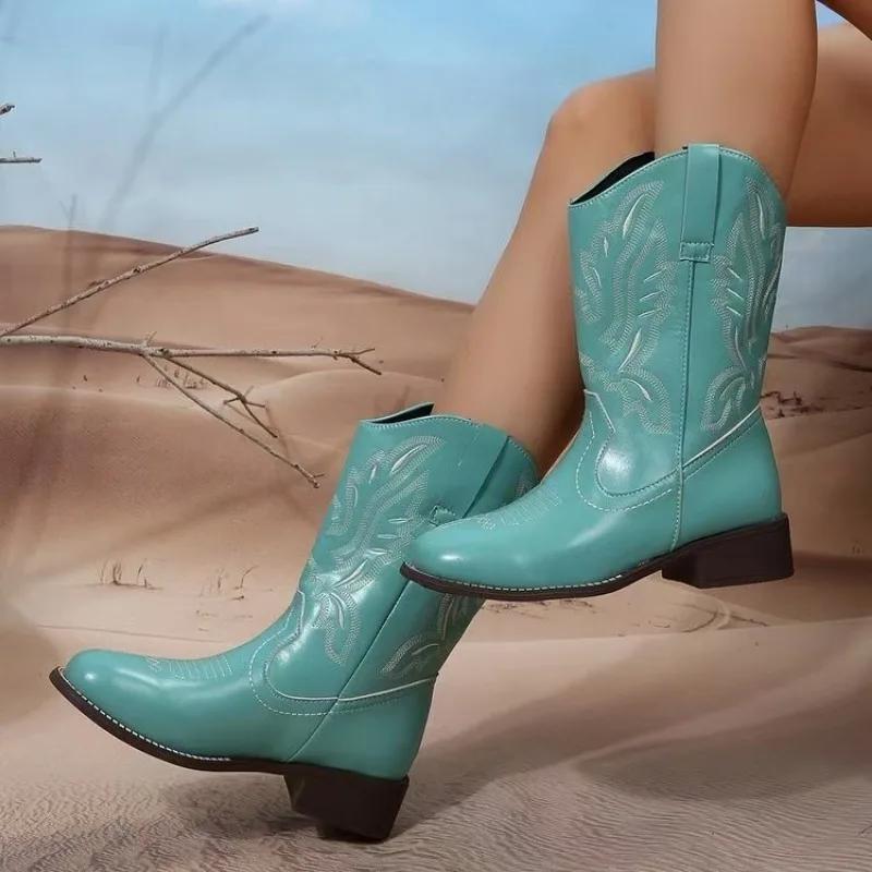 Fashion 2024 Brand Women's Shoes Slip-on Women's Boots Fashion Embroidery Modern Boots Women Sexy Round Toe Plus Size Mid-Calf Boots