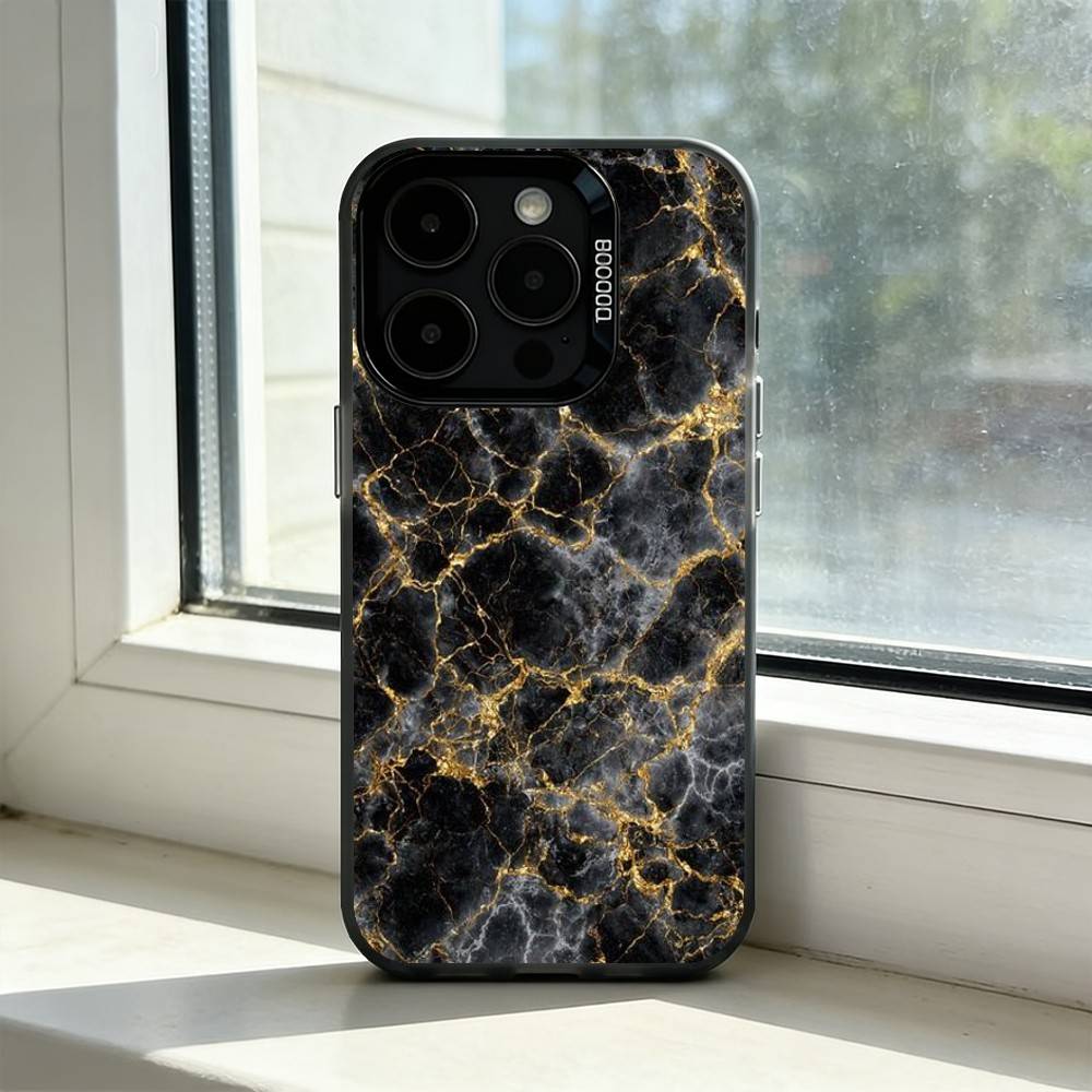 B-Black Gold Marble A-Art Phone Case For iPhone 17,16,15,14,13,12,11 Plus,Pro Max,XS,Colored Silver Plated Inside Cover