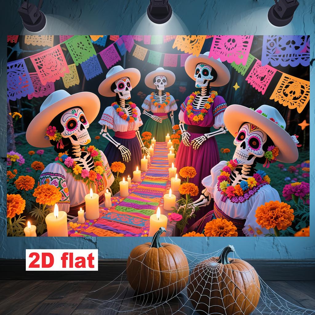 2D Flat Banner [Party Banner, Flag] - Made of Polyester, with a Mexican Day of the Dead Theme Background Fabric.zyc