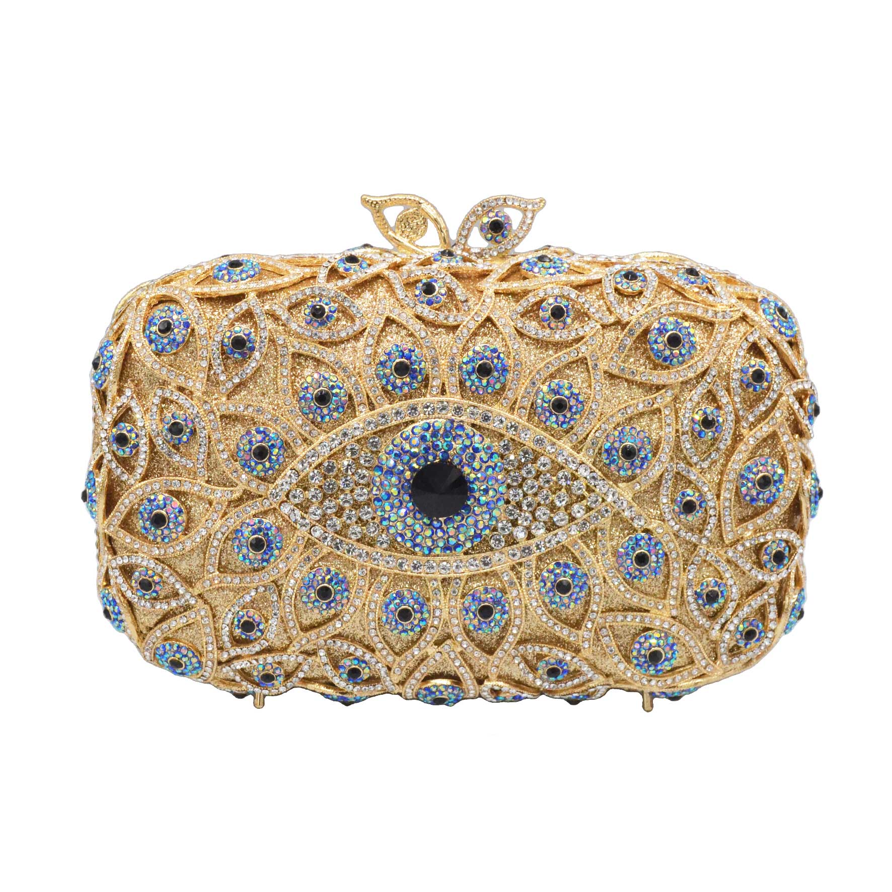 

Deluxe Handwork Women Evening Bags Female Crystal Clutch Party Bags Handbags Gold Evil Eye Dinner Bags with Chain Box