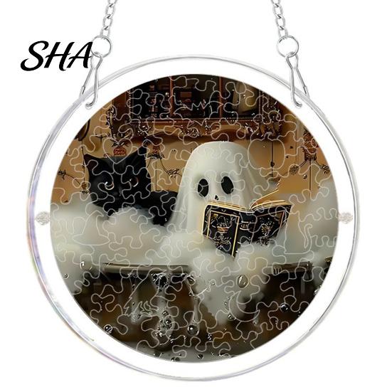 Transparent Halloween Wall Decor Acrylic Suncatcher Jigsaw Puzzle Set, Spooky Ghost Floral Meadow Window Hanging Ornament with Metal Cheerful Frame &