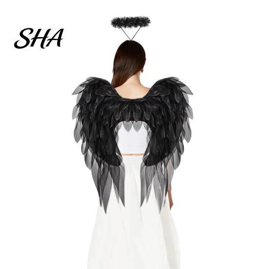 Black Fallen Angel Wings Feather Wing for Women Girls, Soft Organza Costume Accessory Elastic Strap with Headband Photo Booth, Halloween Cosplay