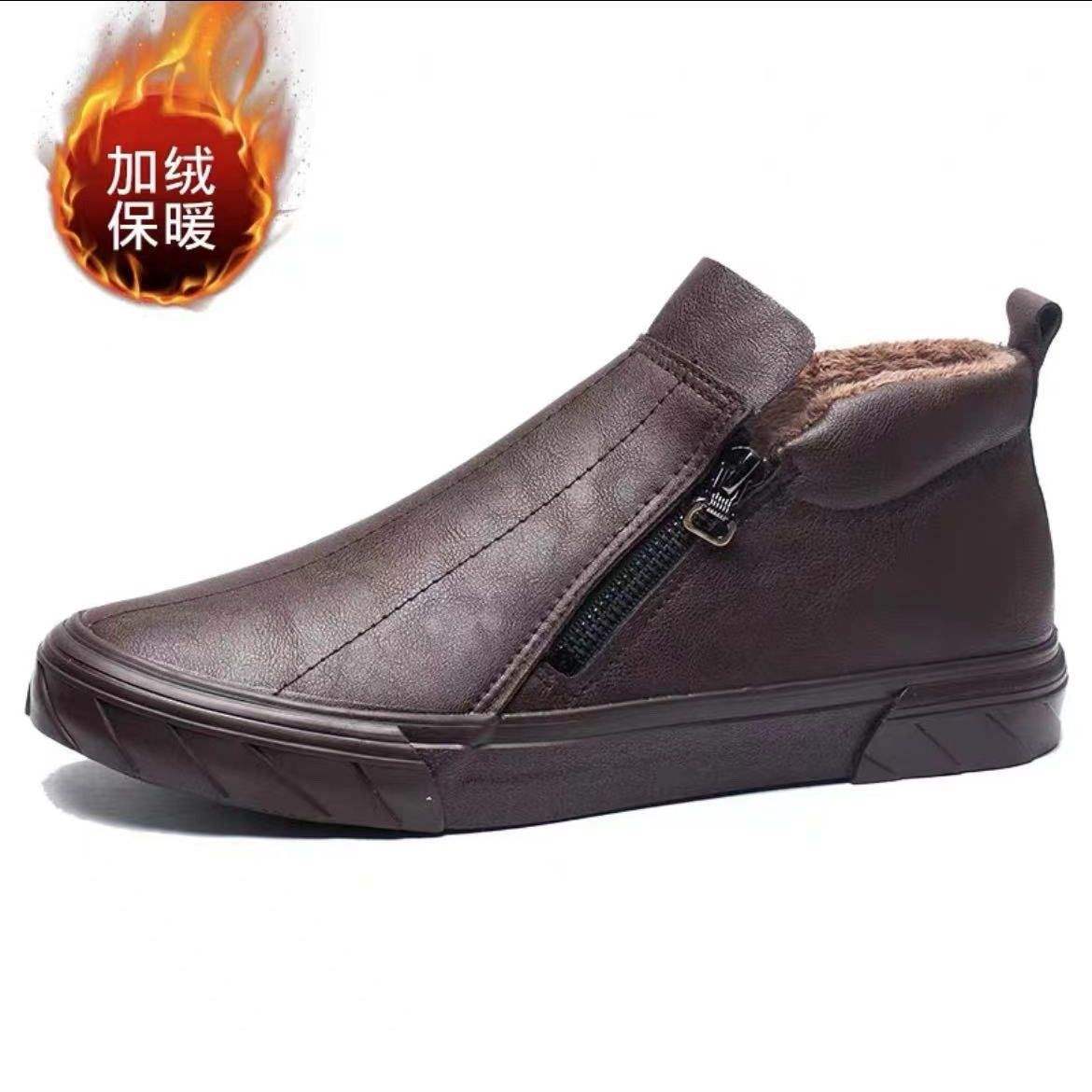 

Autumn high-top leather shoes men s casual British Martin boots men s shoes one-pedal medium-top winter velvet warm cotton shoes 44