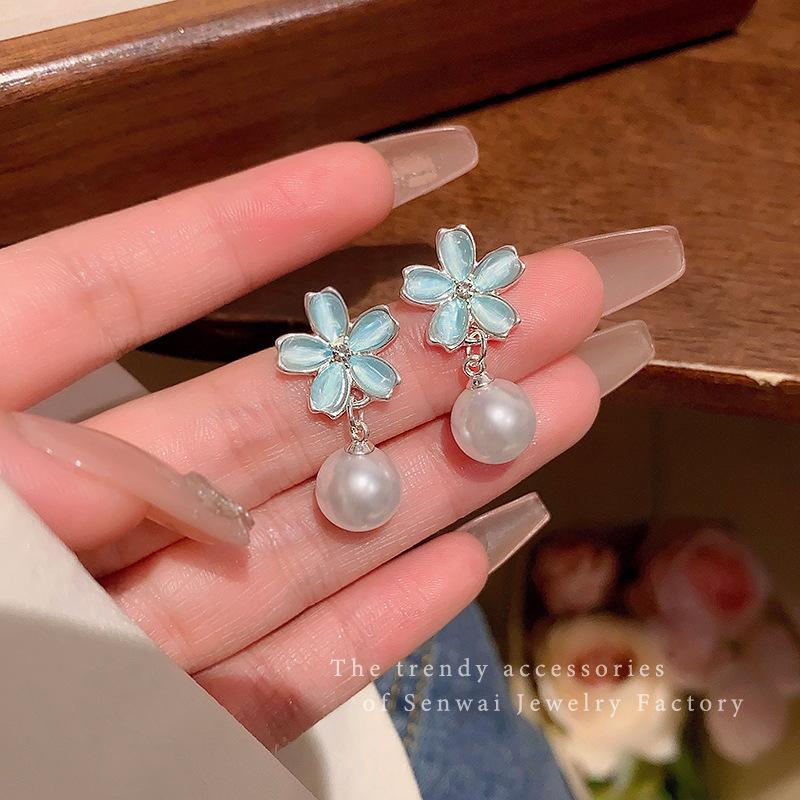Blue opal flower pearl earrings women s light luxury niche high-end stud earrings super fairy small fresh earrings