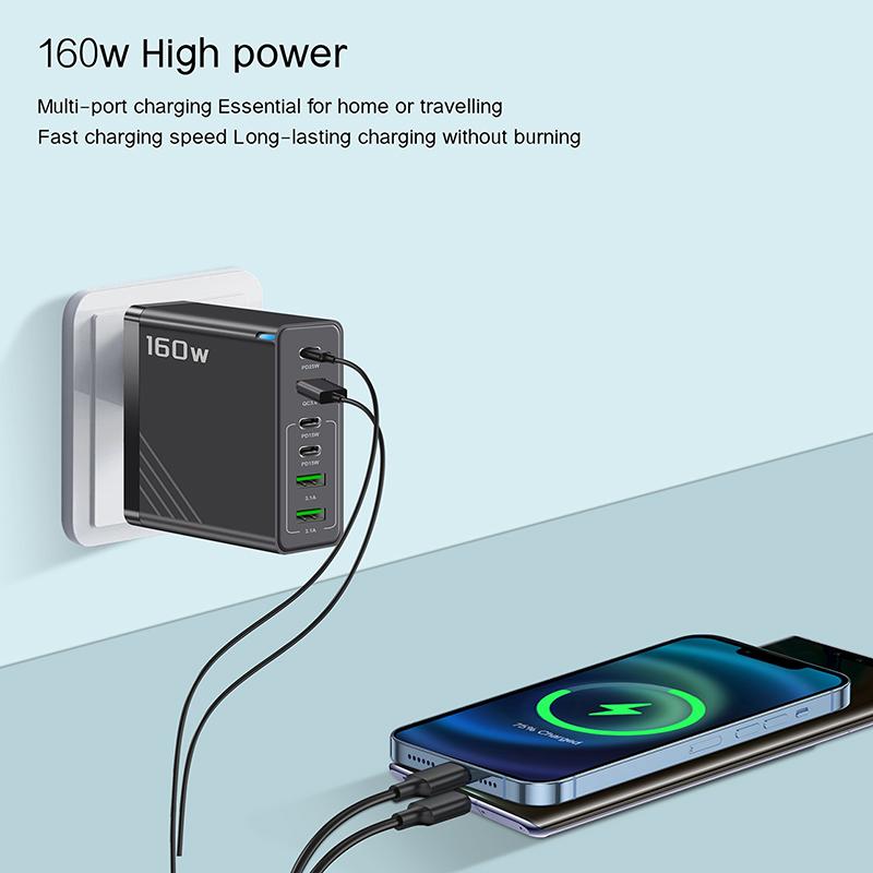 160W 6-Port Fast Charging Usb Type C Quick Charge Pd Qc3.0 Wall Charger Adapter For Iphone Xiaomi Samsung Huawei Phone Charger