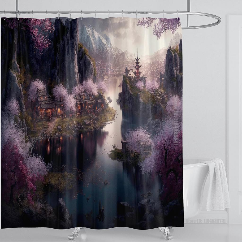 Illustration Japanese Chinese Style Art Print Polyester Washable Waterproof Shower Curtain Bathroom Decoration Bathtub With Hook