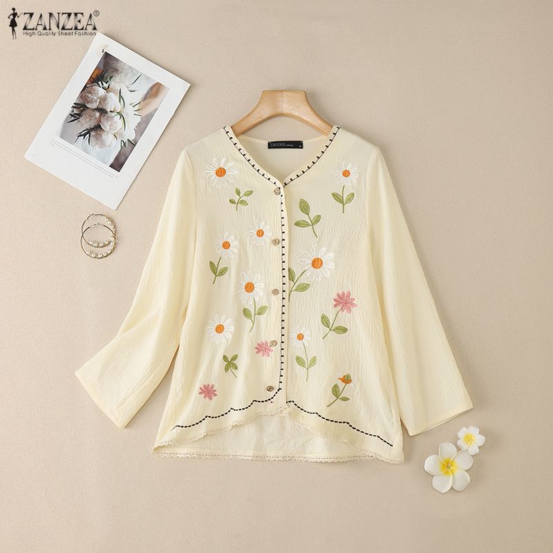 ZANZEA Damska codzienna bluzka z luźnym długim rękawem i kwiatowym haftem