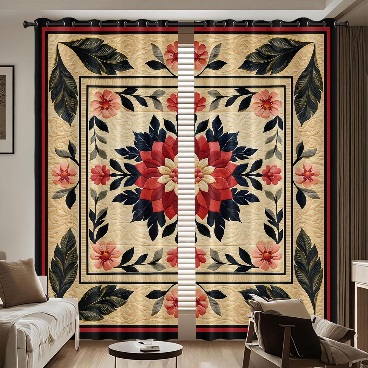 

2pcs Bohemian Style Retro Pattern Printed Perforated Blackout Curtains Multiple Sizes Living Room Bedroom Insulation Decoration 140x160&Grommet Top