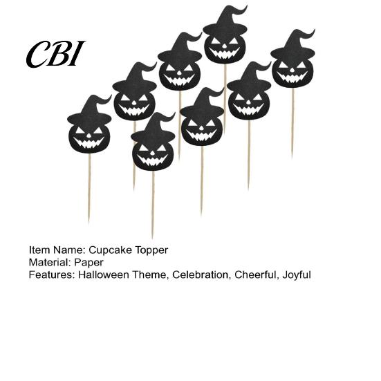 Halloween Cupcake Toppers 8 Pcs Toppers, Black Glitter Witch Hat Pumpkin Cake Topper Picks for Party Supplies, Birthday Decoration Dark