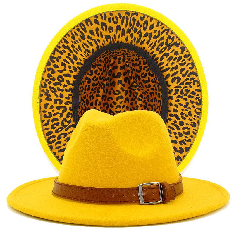 Autumn and winter new leopard print woolen top hat outdoor big edge warm felt hat belt British style jazz hat Wish
