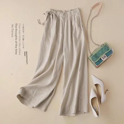 Damen Weitbeinige Cropped Leinen-Baumwollhose - Hohe Taille, Lockere Passform für Frühling/Sommer 2024.