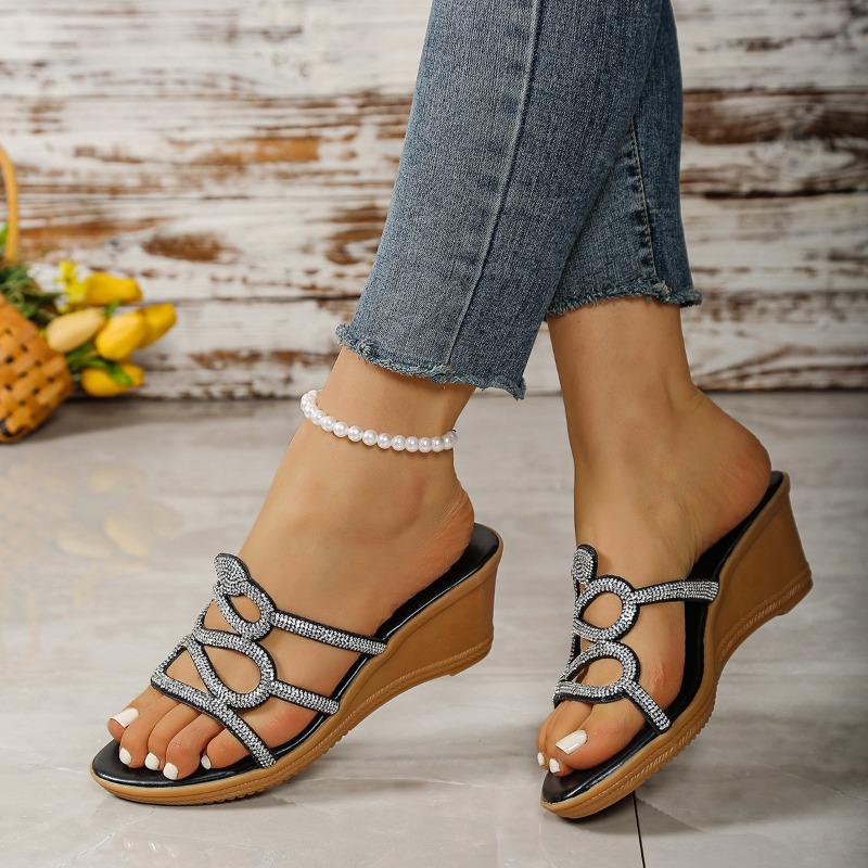 Fashion 2025 Summer Open Toe Women's Slippers Fashion Crystal New Outdoor Plus Size Best Seller Comfortable Wedge Slippers Zapatos Mujer