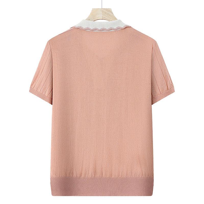 Women Light Gray Beige Color Block Polo Collar Short Sleeve Knit T Shirt Casual Elegant