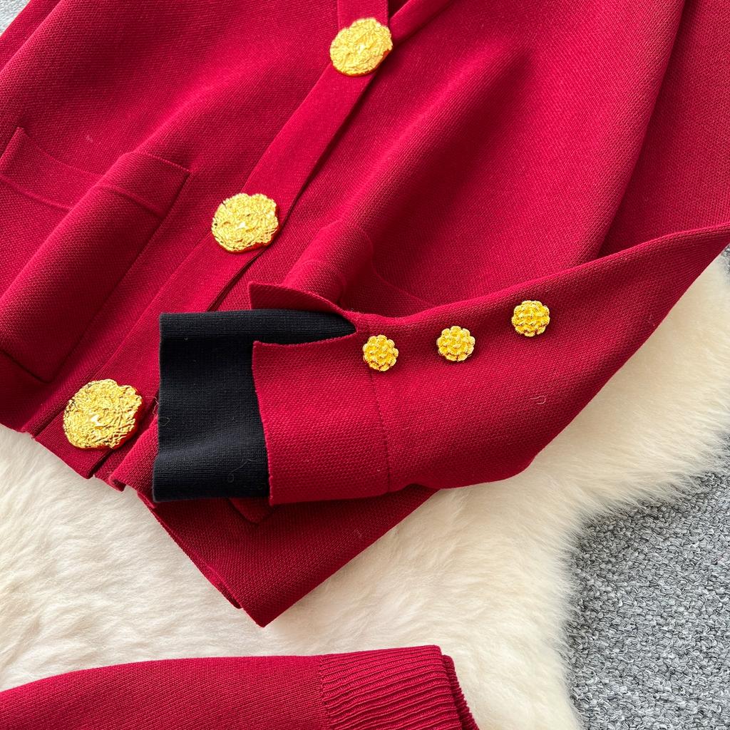 Autumn Winter Women Casual Knitted Sweater Trouser Two Piece Set Big Gold Button Single Breasted Jacket Tops and Elastic Waist Pant Tracksuit