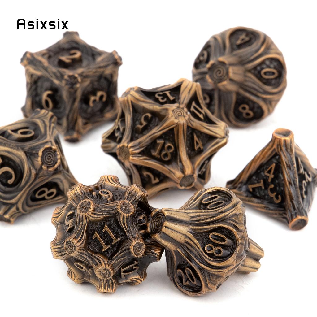 7 Pcs Yellow Tree Stump Root Metal Dice Solid Metal Polyhedral Dice Set Suitable for Role-Playing RPG  Board Game Card Game