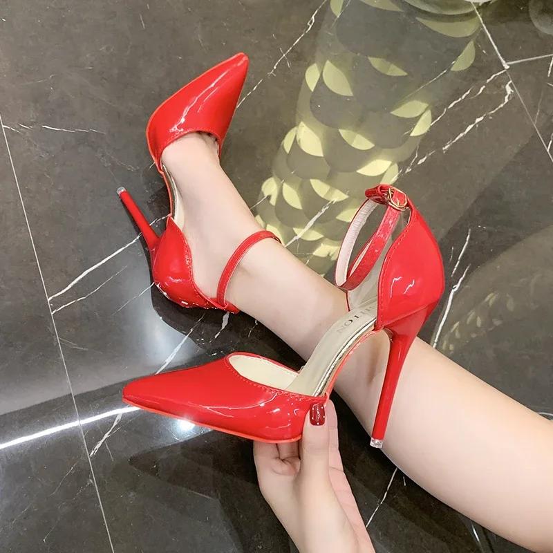 Fashion New Pump 12cm High Stiletto Heels Ankle Strap Belt Buckle Sandals Women Pointed Toe Heels Shoes Plus Size 35-43